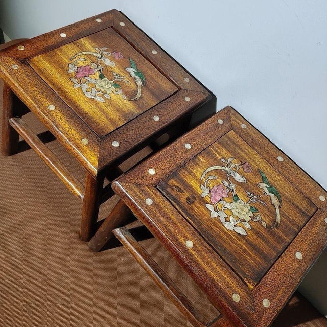 Pair of Vintage Chinese Hardwood Inlaid Mother-of-Pearl Bird & Flower Stools - 11.35 LBS For Sale - Image 9 of 9