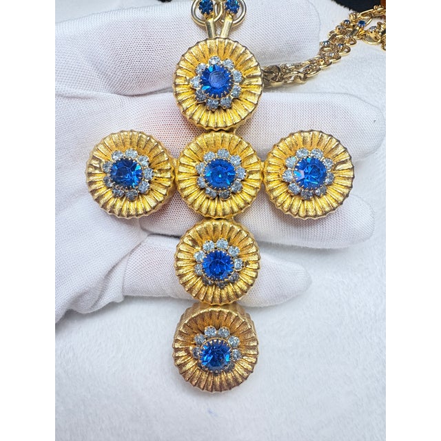 Vintage Alexis Kirk Style Faceted Blue Sunburst Necklace W/ Original Chain Set For Sale In Salt Lake City - Image 6 of 17