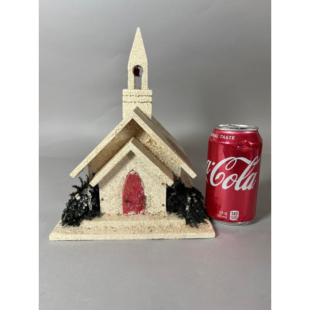 Vintage Mica Putz Christmas Church Music Box With Bottle Brush Trees, C. 1940s–1950s For Sale In Raleigh - Image 6 of 11