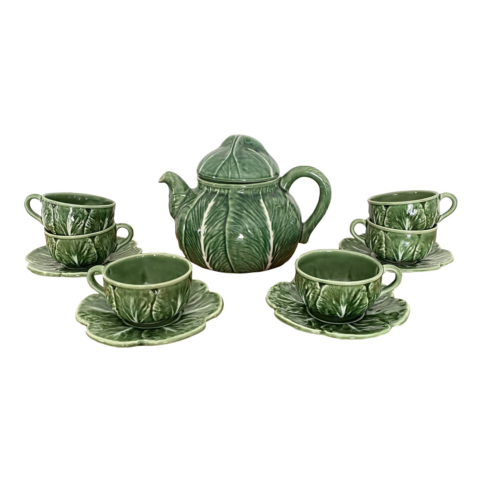 Bordallo Pinheiro Green Cabbage Tea Set- 11 Pieces | Chairish