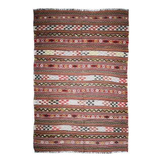 Vintage Tribal Flatweave Kilim With Striped Bands and Anatolian Motifs – Handwoven Wool Kilim -4' 3'' X 6' 1'' For Sale