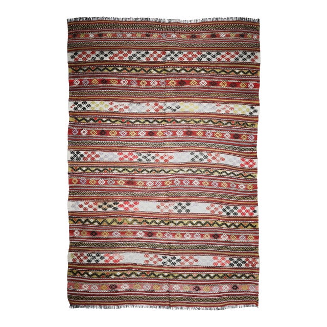 Vintage Tribal Flatweave Kilim With Striped Bands and Anatolian Motifs – Handwoven Wool Kilim -4' 3'' X 6' 1'' For Sale