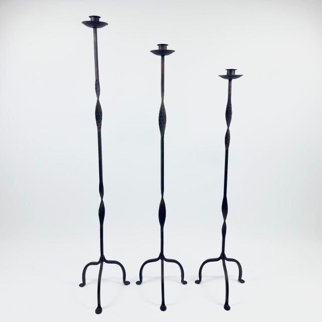 Black Hand Forged Iron Candelabra Set of 3 (107-127cm) Antique Copper Finish Open Twist Stem with Arched Base For Sale - Image 8 of 8
