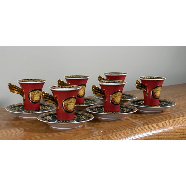 Metal Baroque Versace Medusa Red Espresso Cups and Saucers - Set of 6 For Sale - Image 7 of 16