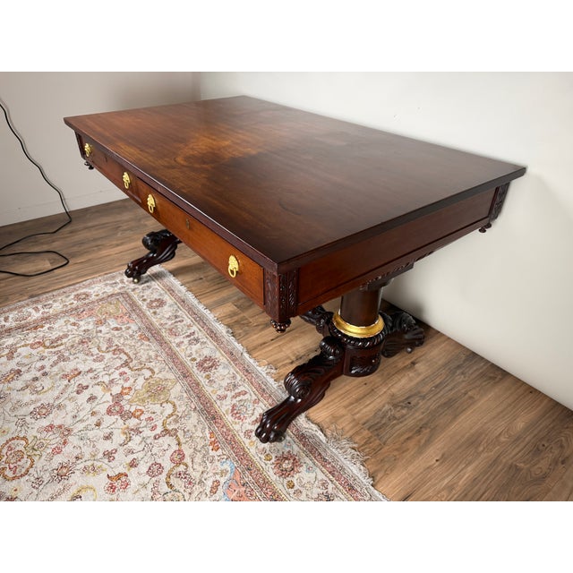 New York Classical Revival Carved Mahogany Double-Pedestal Library Table, Labeled Ernest F. Hagen, Circa 1890–1925 For Sale - Image 4 of 13
