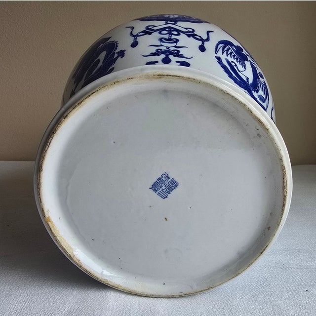 Blue Pair of Early 20th Century Antique Asian Blue & White Temple Jars Phoenix Dragon For Sale - Image 8 of 12