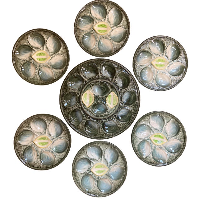 Vintage French Majolica Oyster Service from Saint-Clément, 1960s, Set of 7 For Sale - Image 10 of 10
