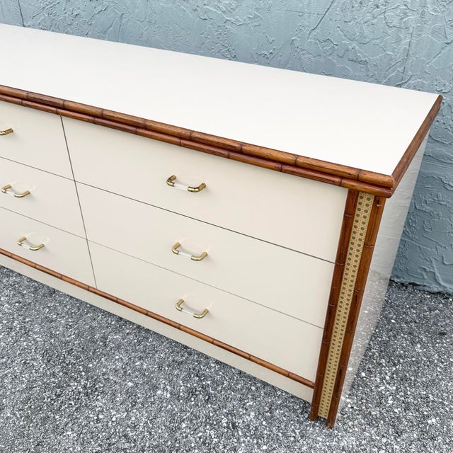 Cream Boho Chic Cream Gloss Laminate Cane and Faux Bamboo Dresser For Sale - Image 8 of 12