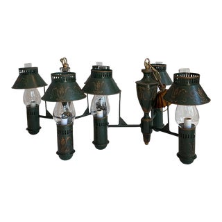 Vintage Empire French Tole Handpainted 3 Arm Chandeliers -A Pair For Sale