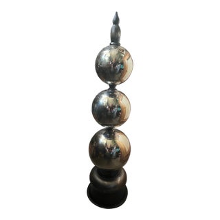 Rare Decorative Vintage French Brass 3 Orbe Statue W/ Mercury Polish on Wrought Iron Mounts For Sale