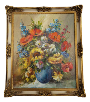 Still Life with Flowers, 1980s, Oil on Canvas, Framed