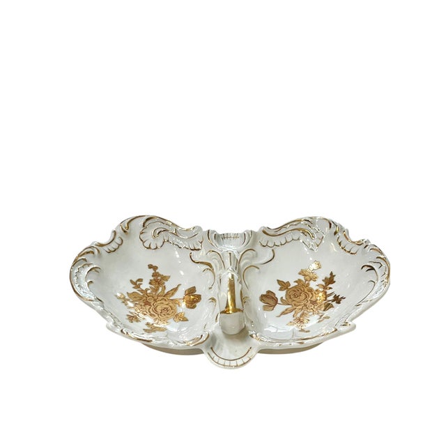 Vintage French Porcelain Shell Form Serving Dish With Gold Rose Decoration For Sale - Image 6 of 11