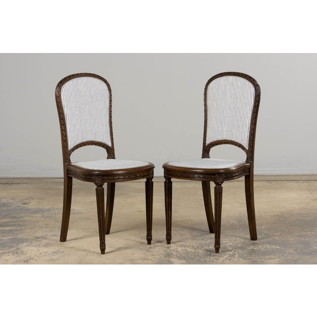 Brown Antique French Louis XVI Style Walnut Dining Chairs in Blue Linen Stripe - Set of 6 For Sale - Image 8 of 18