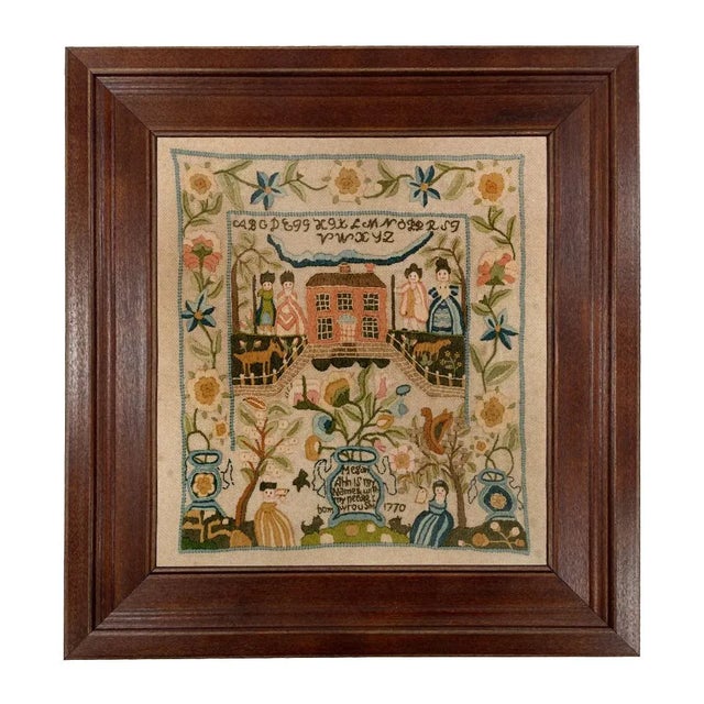 Not Yet Made - Made To Order Megan Ann Antique Embroidery Needlepoint Sampler Framed Print- Distressed Brown Frame For Sale - Image 5 of 5