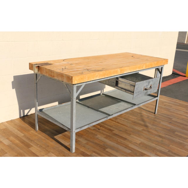 Wood 1950s Industrial Butcher Block Workstation Table With Steel Frame, Drawer & Removable Galvanized Trays For Sale - Image 7 of 18