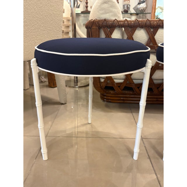 Ornamental & Decorative Materials Pair Vintage Restored Faux Bamboo Metal Stools Benches Sunbrella Patio Outdoor For Sale - Image 7 of 12