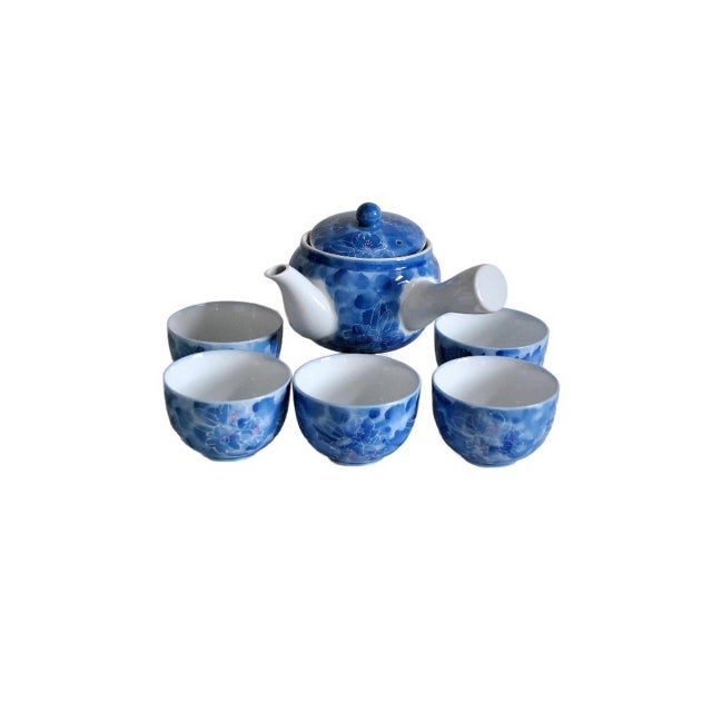 Blue Koransha Fukagawa Blue Porcelain Tea Set Sakura Chawans and Tea Pot - 6 Piece Set For Sale - Image 8 of 9