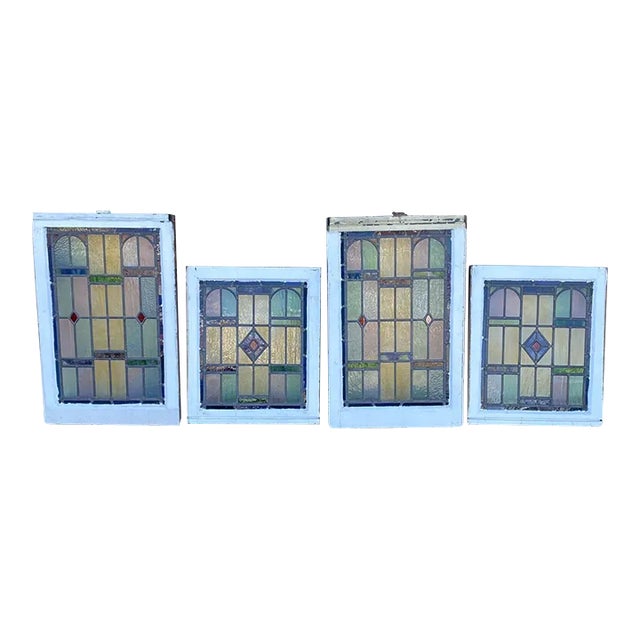 Antique Art Deco Leaded Stained Glass Pink Green Blue Yellow Windows - (2) Pair For Sale