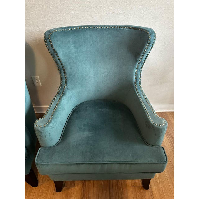 2010s Pair of Teal Velvet Wingback Accent Chairs With Nailhead Trim For Sale - Image 5 of 7