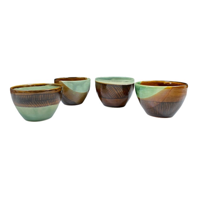 Handmade Japanese Style Pottery Tea Cups / Bowls - Set of 4 For Sale