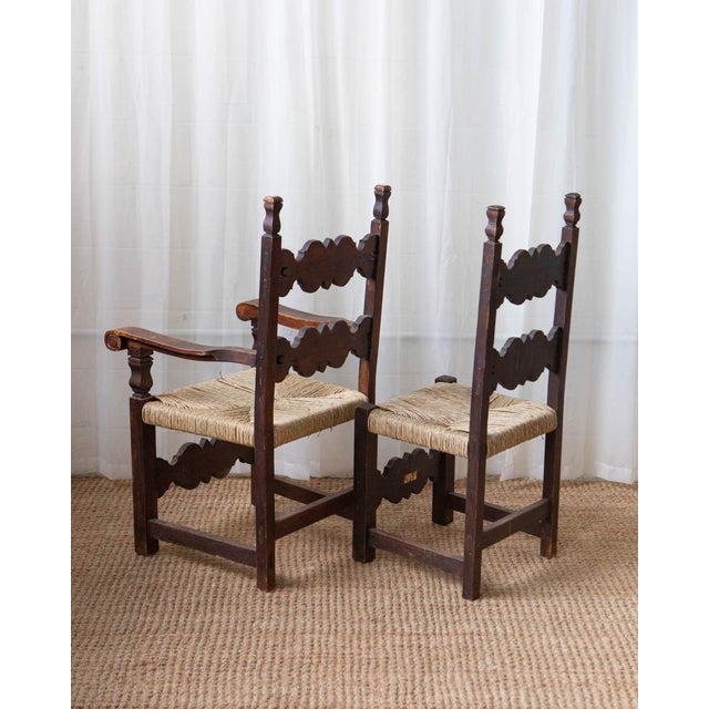 1960s Mexican Brutalist Wood and Rush Ladderback Dining Chairs - Set of 6 For Sale - Image 4 of 18