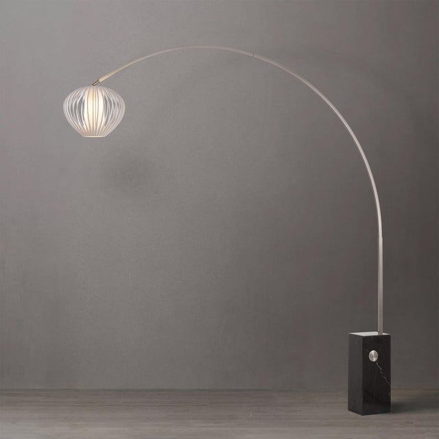 Mid-Century Modern Iconic 95" Arc Floor Lamp, Satin Nickel, Sphere White Shade, Dimmable, Marble Base For Sale - Image 3 of 5