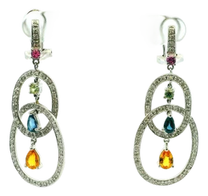Contemporary 14k White Gold Multi-Gemstone Diamond Drop Earrings, Signed Dd, A Pair