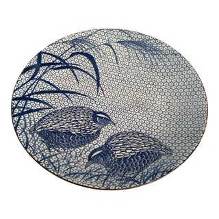 Large Vintage Japanese Blue and White Porcelain Serving Bowl With Honeycomb Pattern Decorated With Quails Design For Sale