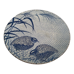 Large Vintage Japanese Blue and White Porcelain Serving Bowl With Honeycomb Pattern Decorated With Quails Design
