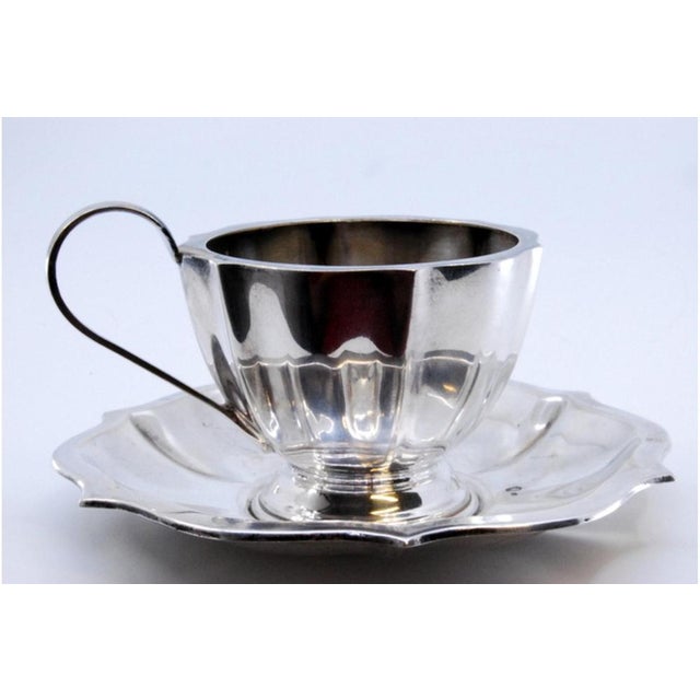 Cup and Saucer in Silver with Ribs and Curved Handle, Set of 2 For Sale - Image 3 of 10
