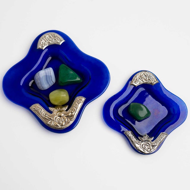 Vintage Cobalt Blue Glass Catchalls With Silver Overlay - Set of 2 For Sale - Image 11 of 12