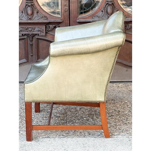 Pistachio English Wing Back Chair of Upholstered Leather and Walnut For Sale - Image 8 of 9
