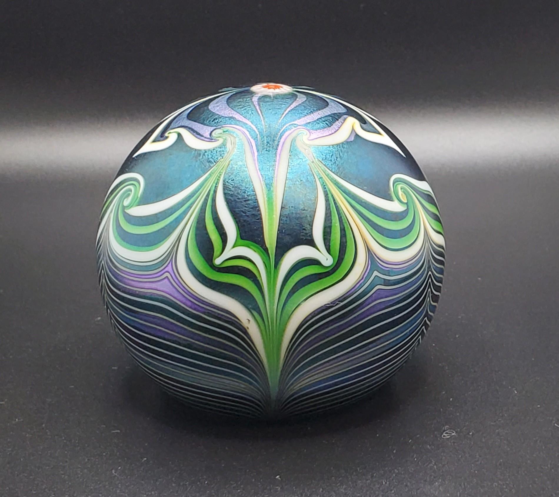 Orient & Flume Signed Flower Shield Art Glass Paperweight 1979