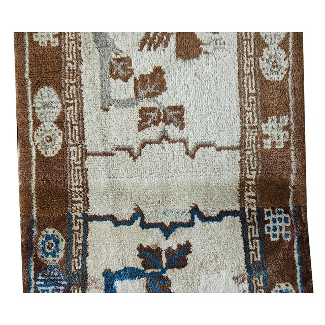 1940s Ivory Animal Geometric Antique Chinese Horse Cover Rug 1'9"x 4'4" Knotted Wool Carpet For Sale In New York - Image 6 of 9