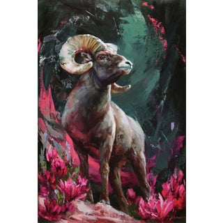 The Rocky Mountain Bighorn Sheep by Lindsey Kustusch | Oil on wood panel of a bighorn sheep among flowers For Sale