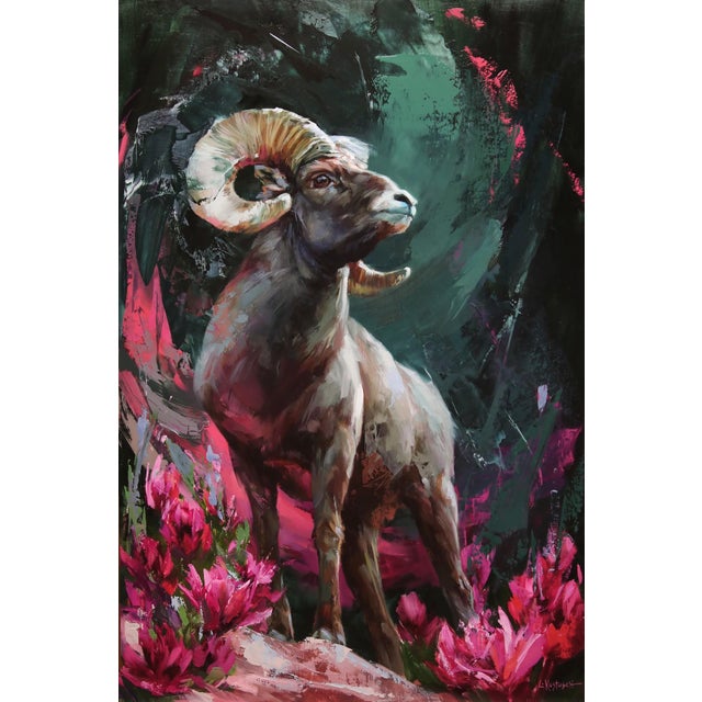 The Rocky Mountain Bighorn Sheep by Lindsey Kustusch | Oil on wood panel of a bighorn sheep among flowers For Sale