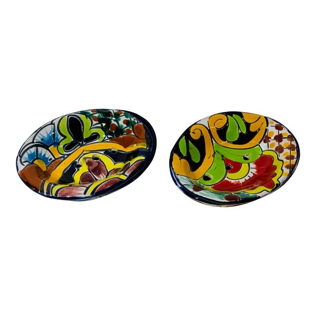 Talavera Hand Painted Lidded Soap Dishes, Mexico - Set of 2 For Sale
