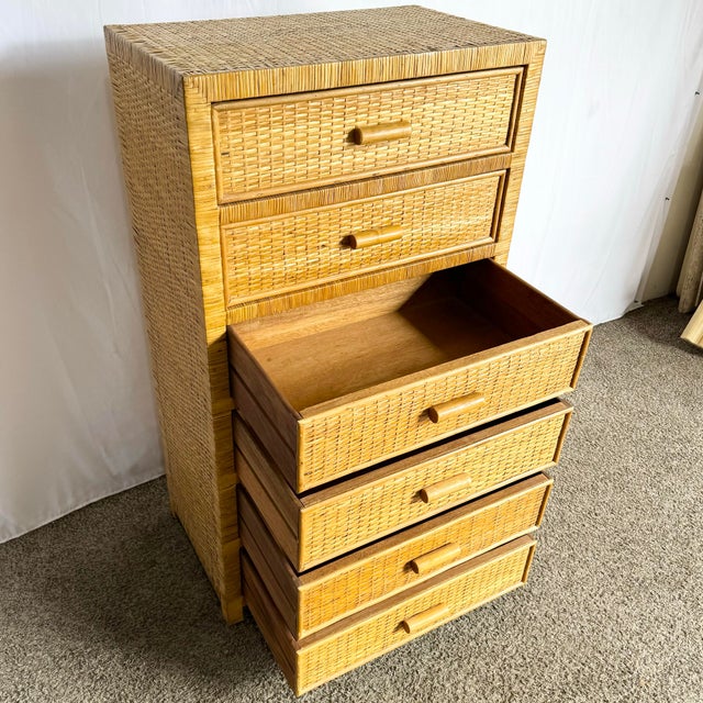 1980s Boho Chic Wicker Wrapped Highboy Dresser - 6 Drawers For Sale - Image 5 of 11
