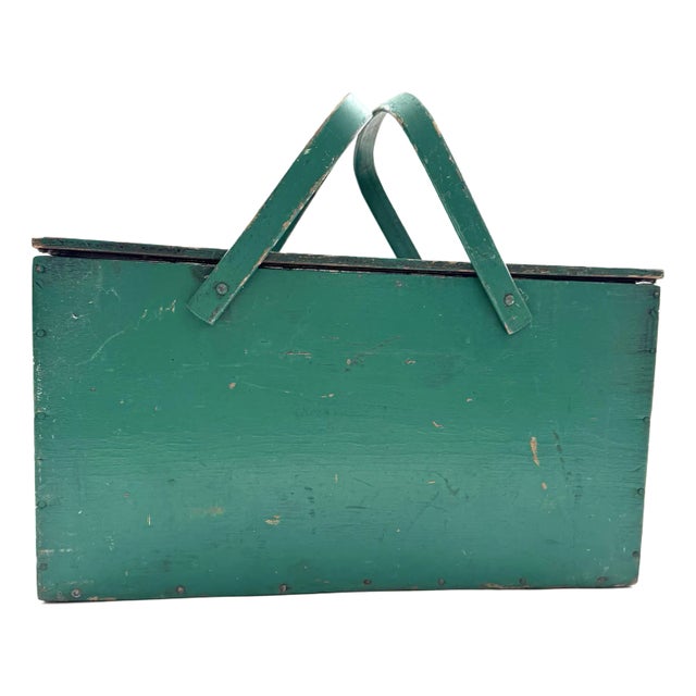Vintage Large Green Box With Handles Wood Storage Box Basket Cooler or Tackle Box For Sale