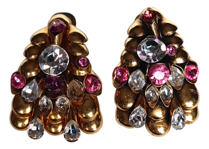 Clip-on Earrings in Brass and Rhinestone, 1980s, Set of 2