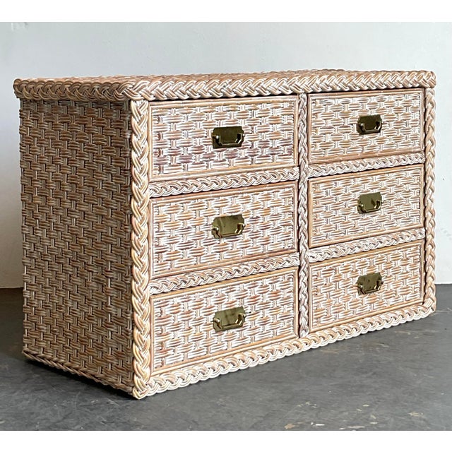 Hollywood Regency Vintage Braided Washed Rattan Dresser For Sale - Image 3 of 12