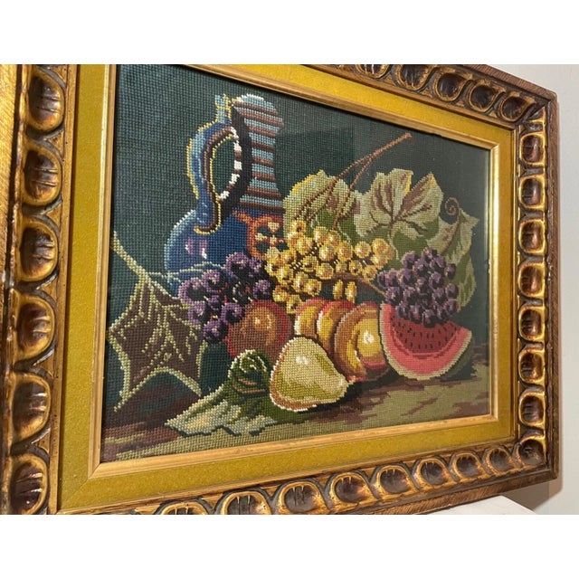 Gold Vintage Original Hand Embroidered Still Life Fruit Sewn Needlepoint Art Sampler For Sale - Image 8 of 11