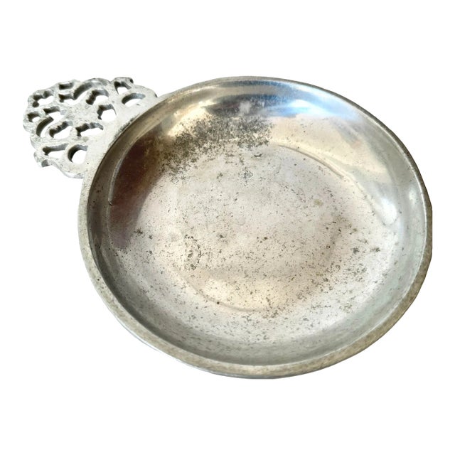 Vintage Marked Pewter Porringer Dish With Fillagree Handle For Sale