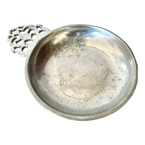 Vintage Marked Pewter Porringer Dish With Fillagree Handle
