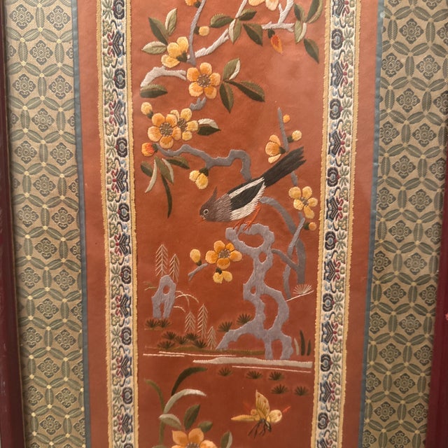 Mid 20th Century Vintage Asian Silk Embroidery With Bird & Blossoms, Framed in Bamboo-Style Frame For Sale - Image 5 of 11