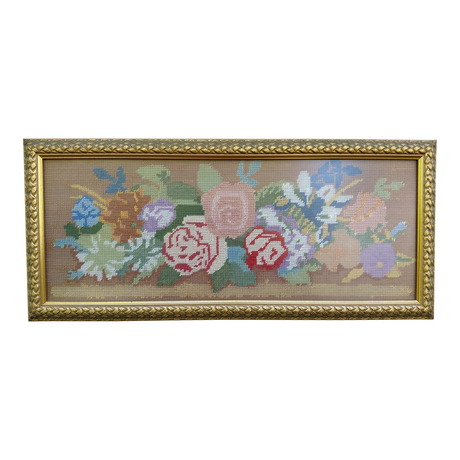 1980s Floral Needlepoint in Gilt Wood Frame | Chairish