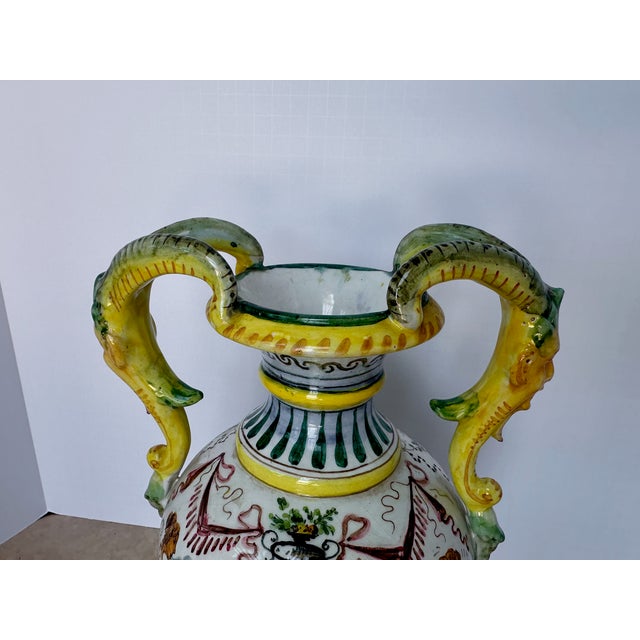 Italian Majolica Hand Painted Ceramic Pottery Face Handles Vase For Sale - Image 12 of 16