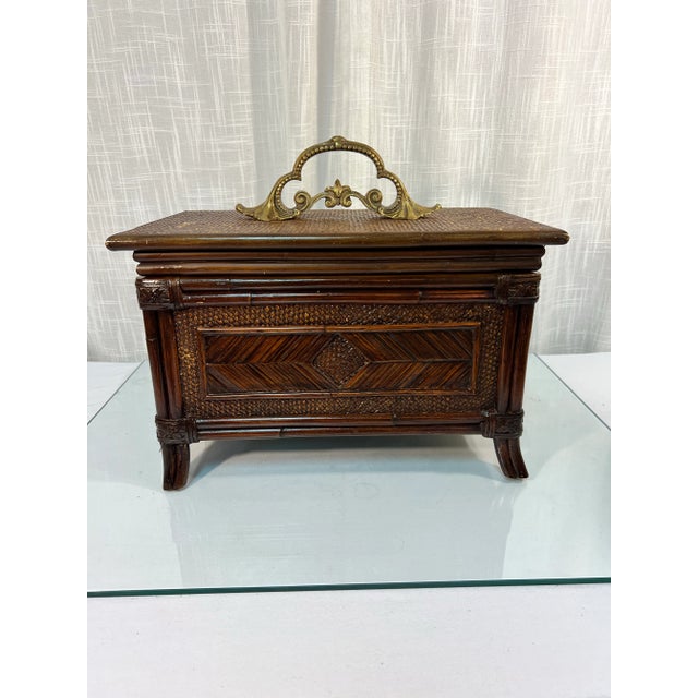 Vintage Large Faux Bamboo and Rattan Memory Keepsake Box With Decorative Brass Handle For Sale - Image 9 of 10