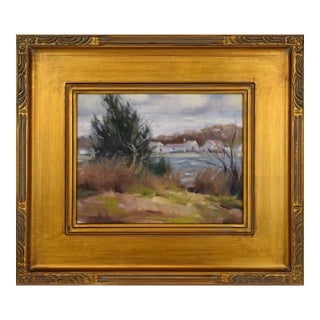 Vintage American Impressionist Lake Landscape Painting With Cabin by Harry Barton For Sale