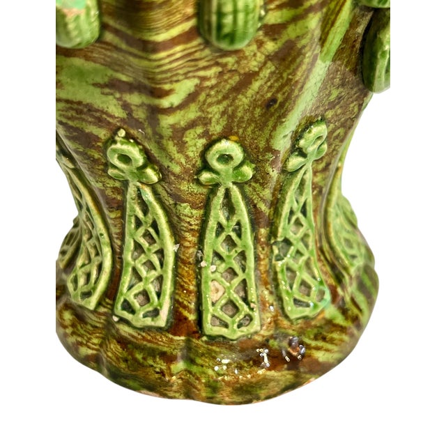 Matched Pair Antique French Majolica Art Nouveau Terracotta Jardinieres With Rope and Tassel Design For Sale - Image 10 of 17